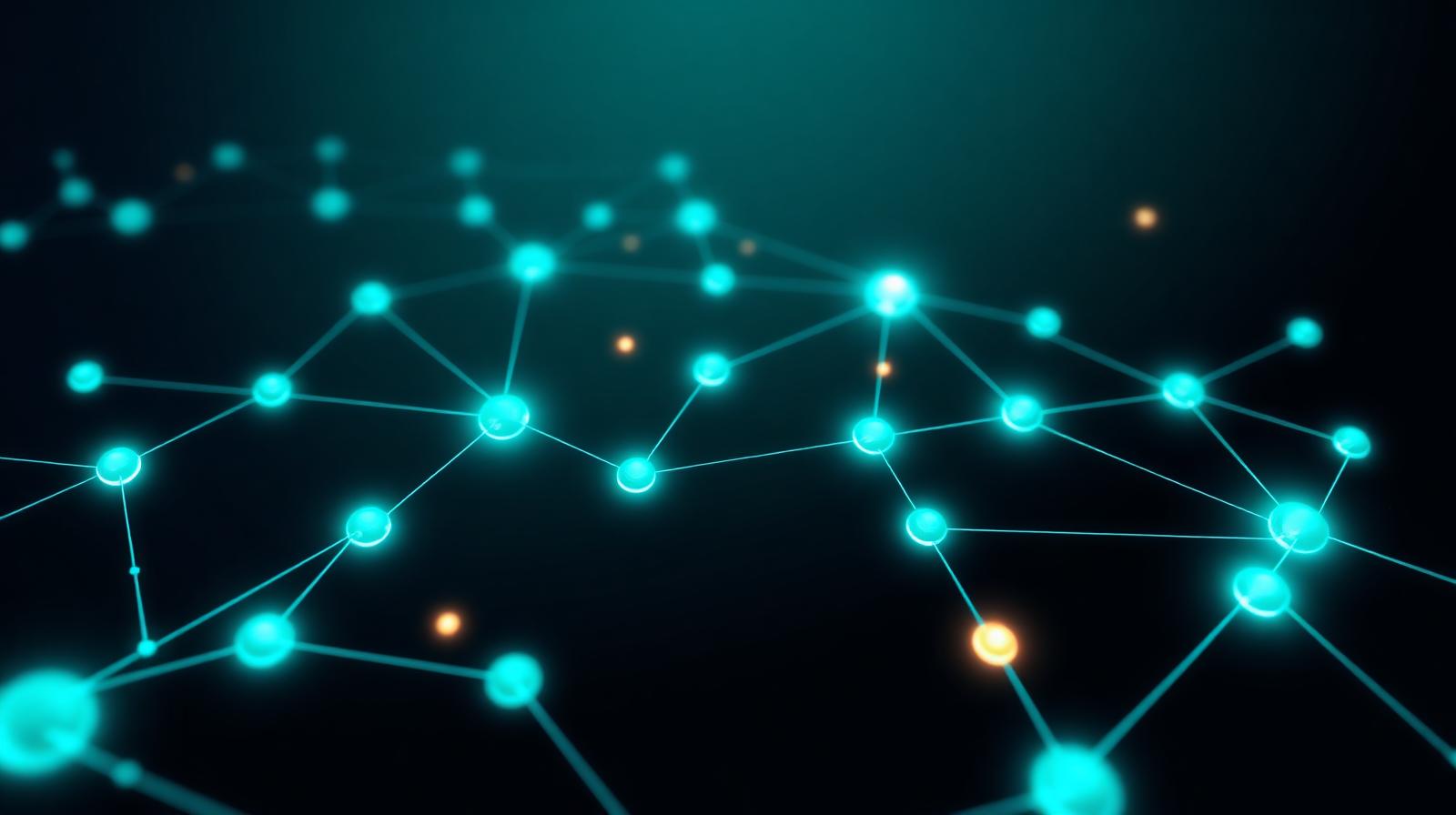 Network of glowing agent nodes connected by teal lines, some flickering amber as edge cases surface and resolve.