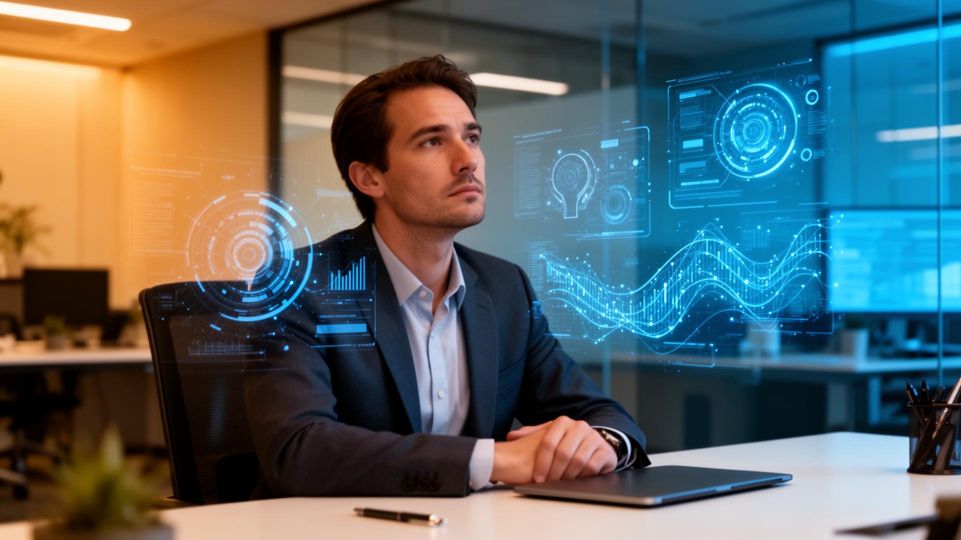Thoughtful business professional at a desk with holographic AI data visualizations floating around them