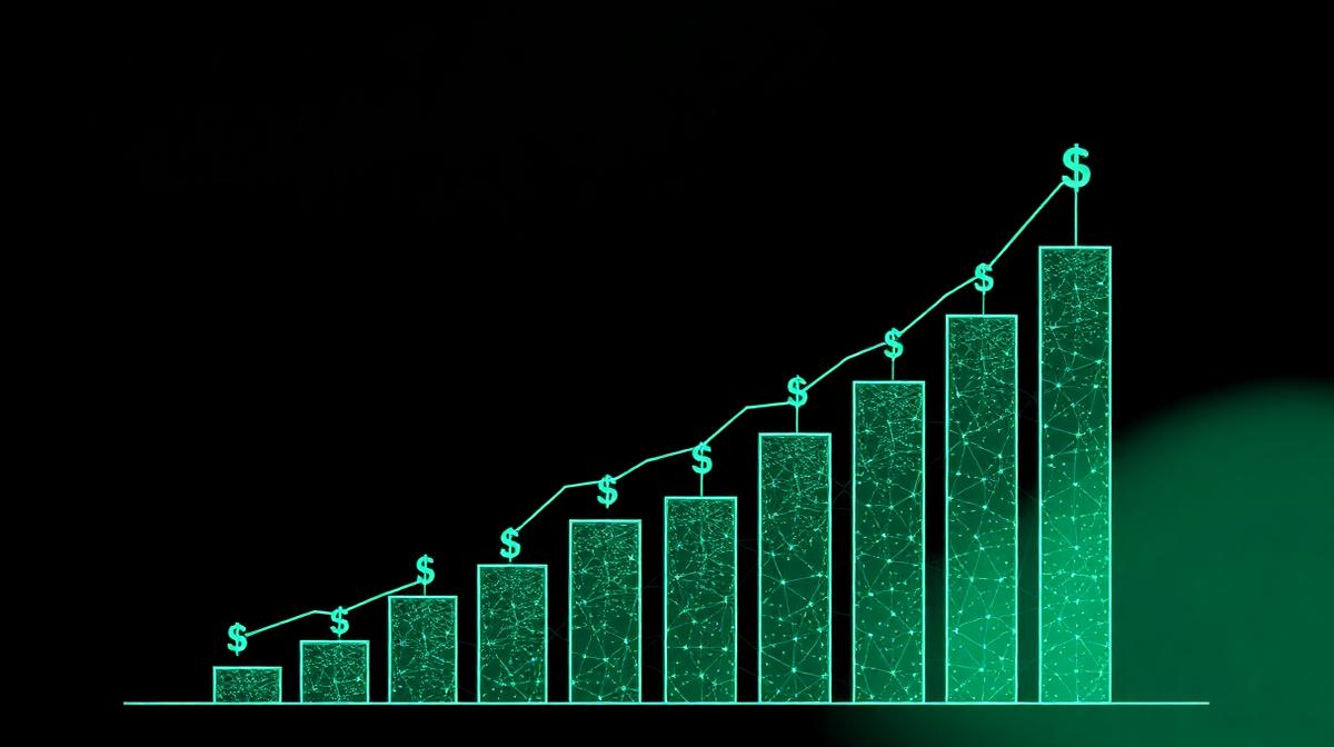 Rising bar chart with dollar signs morphing into AI neural network nodes on dark background.