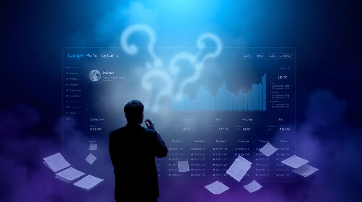 Investor looking at obscured portfolio dashboard with question marks and scattered documents.