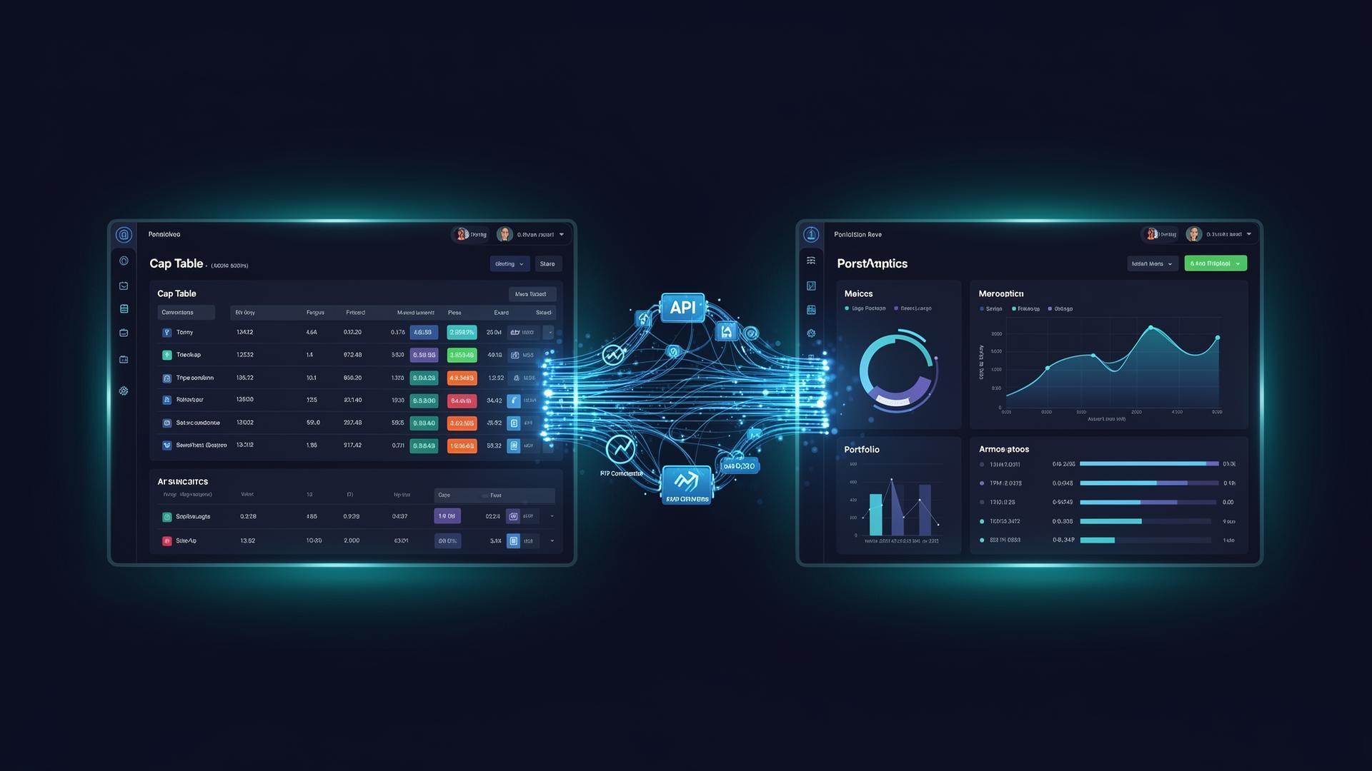 Two software platforms connected via a glowing API data pipeline, cap table and portfolio analytics dashboards side by side
