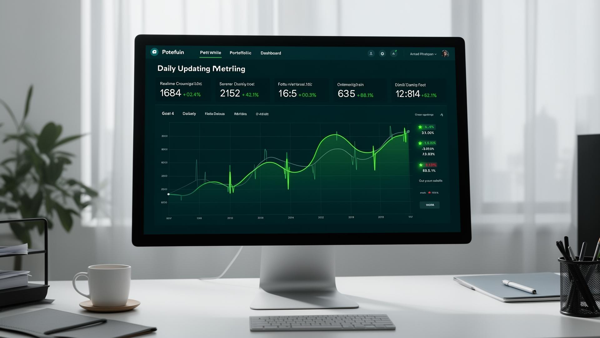 Real-time portfolio dashboard on a monitor showing daily updating metrics with green pulse indicators
