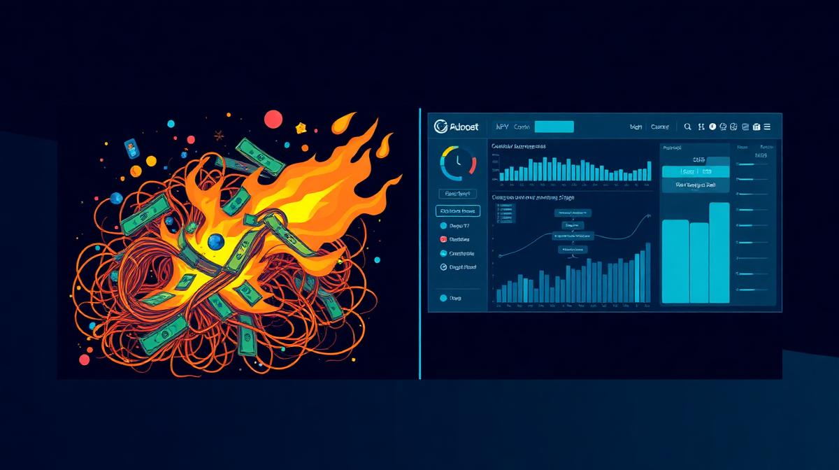 Split screen showing messy tangled code and scripts on one side versus clean structured data flowing into a dashboard on the other