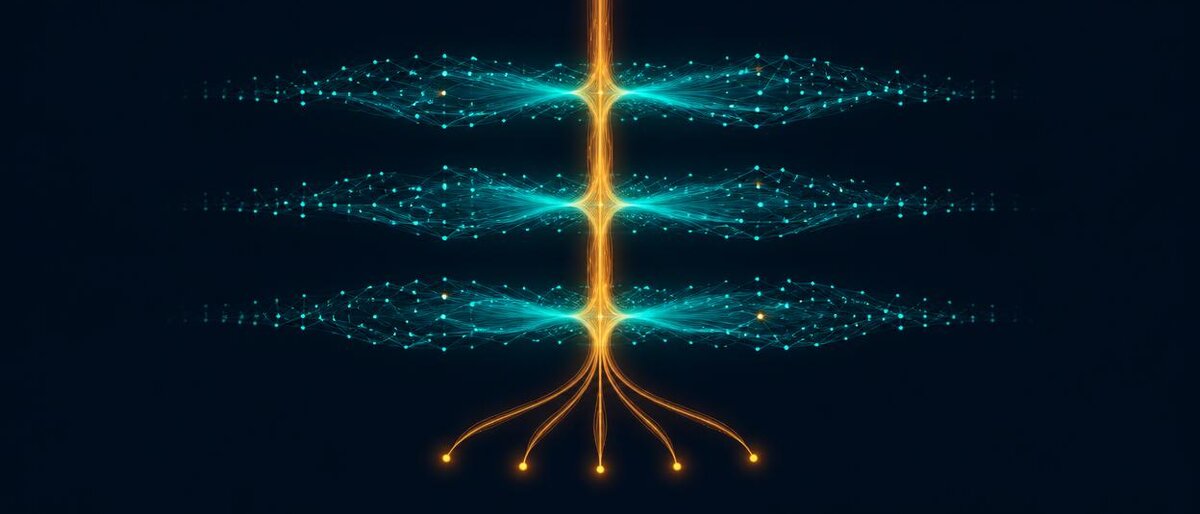 Three stacked horizontal bands of teal light (the preferred stack) with a single amber stream flowing down through them and splitting into several smaller streams at the bottom, on a dark navy field.