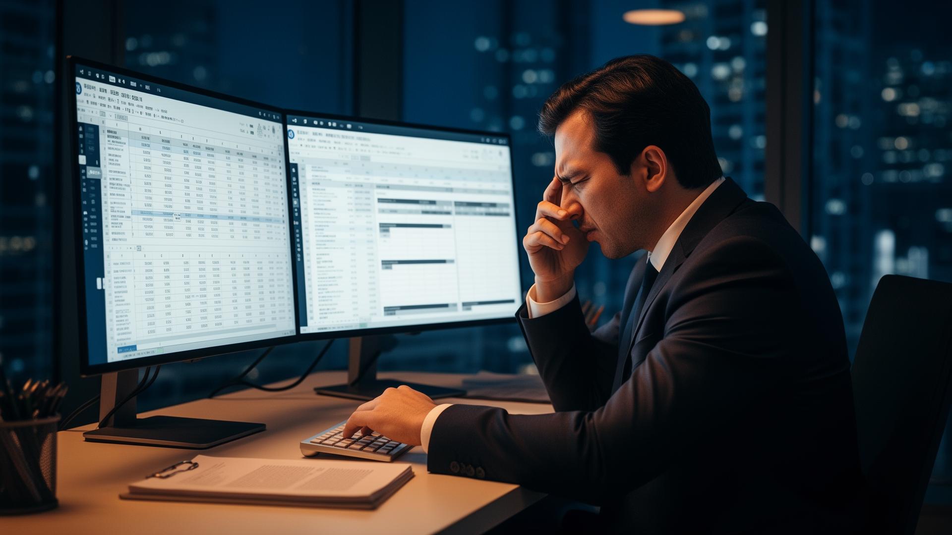 Business professional frustrated at multiple spreadsheets on dual monitors in a modern office at night