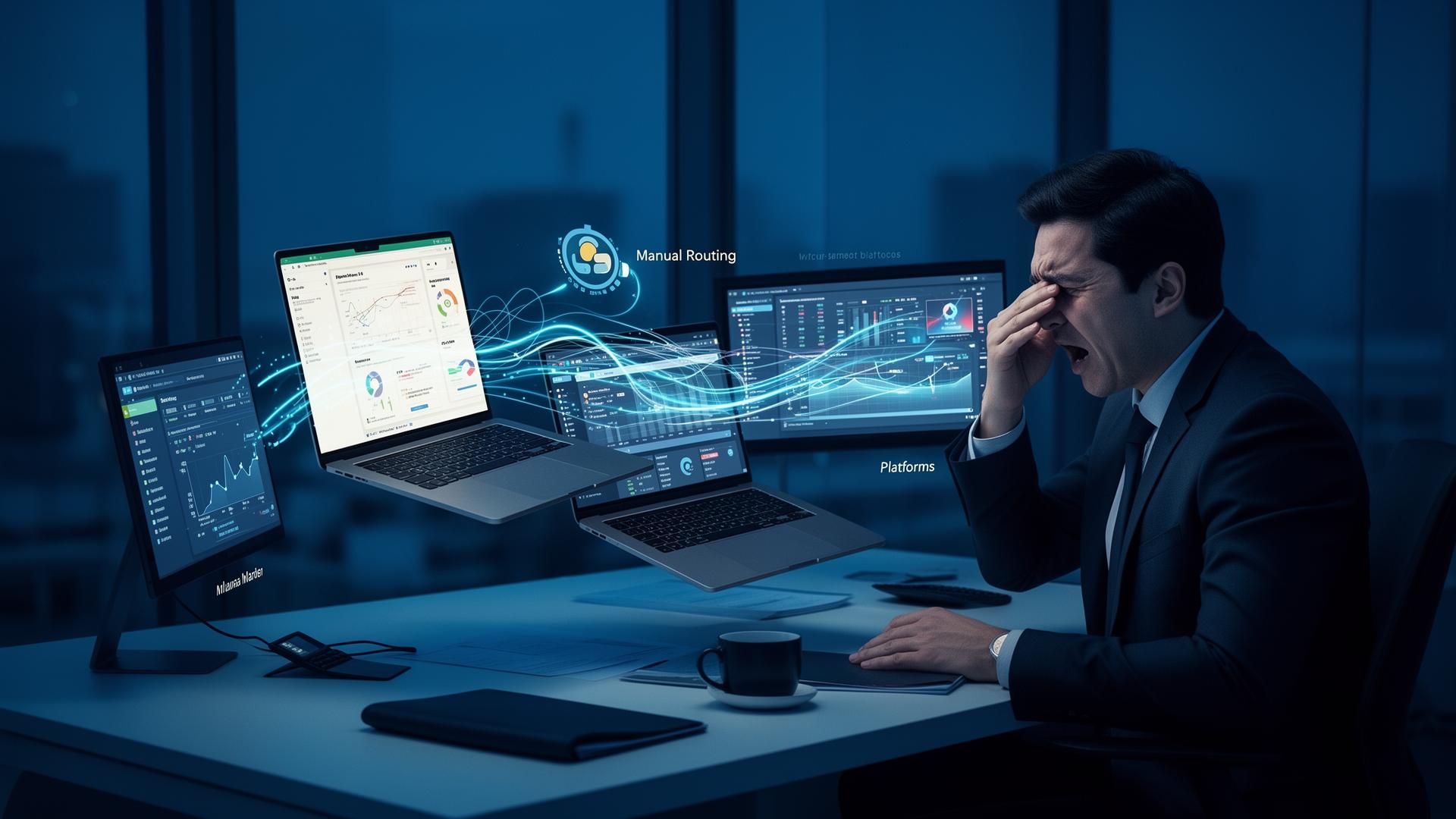 Stressed professional at a desk juggling multiple screens with data flowing between different software systems