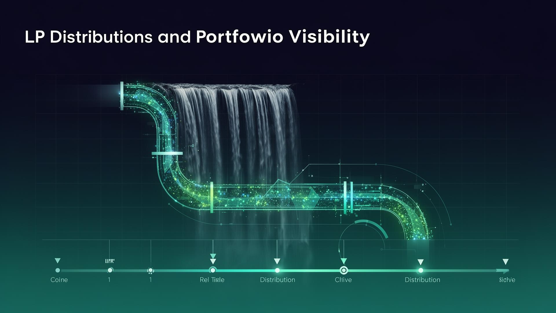 Distribution timeline visualization showing capital flowing back to LPs with real-time monitoring overlays.