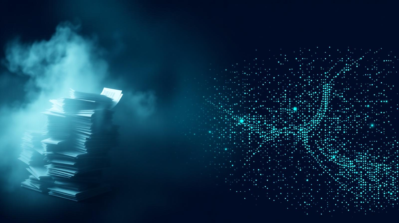 Foggy mass of unstructured PDFs and emails dissolving into a clean luminous teal data lattice on a navy background.