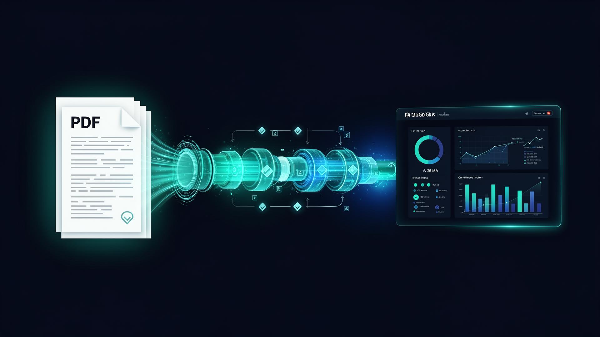 PDF documents being transformed by AI through a processing pipeline into clean structured data on a dashboard