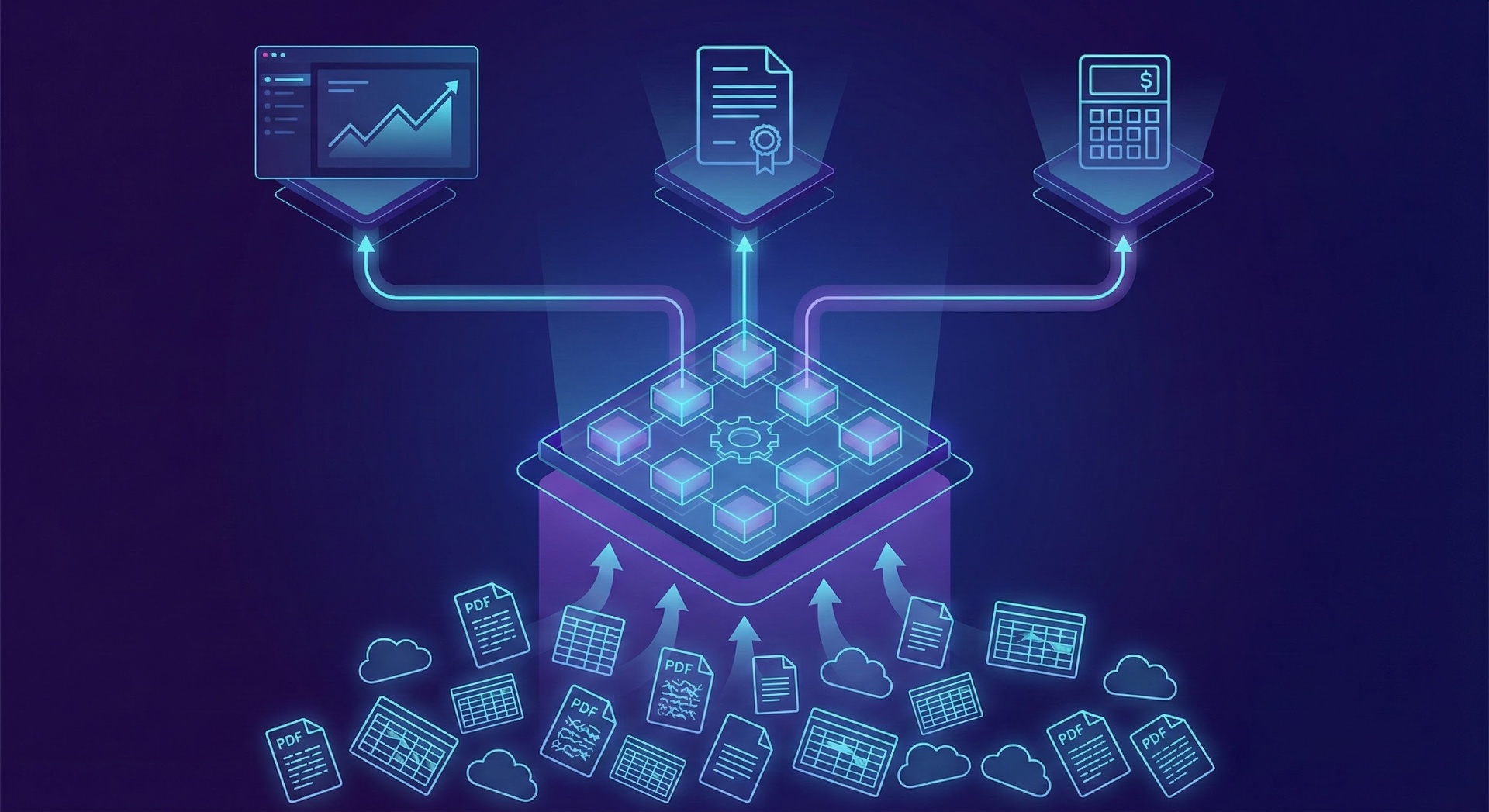 Abstract visualization of a modern portfolio data architecture connecting documents to analytics.