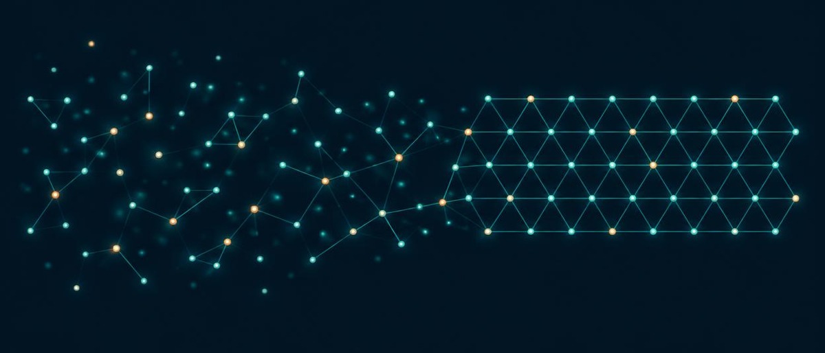 A loose scatter of teal nodes and a few stray amber points on the left resolving into one fully assembled, evenly lit lattice on the right, on a dark navy field.