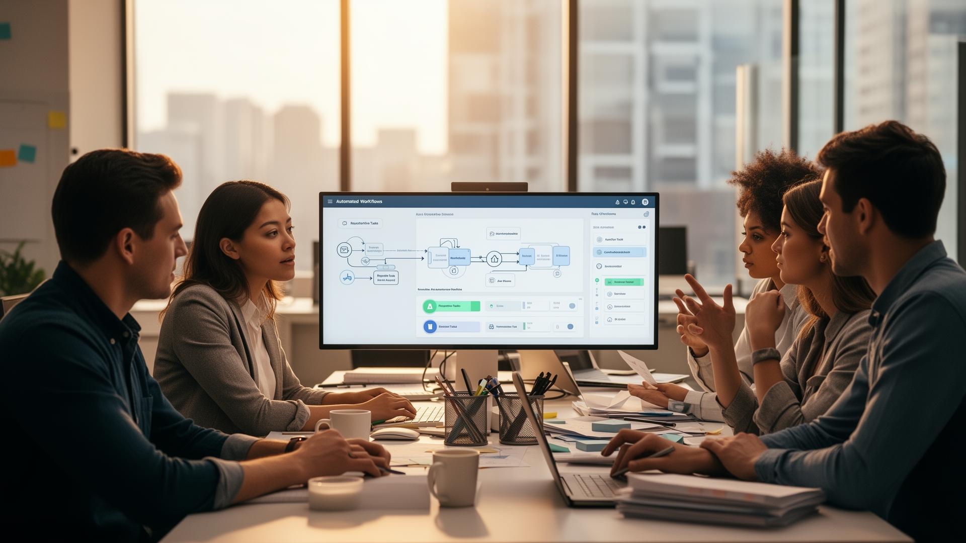 Diverse operations team collaborating at a desk with automated workflow diagrams displayed on screen