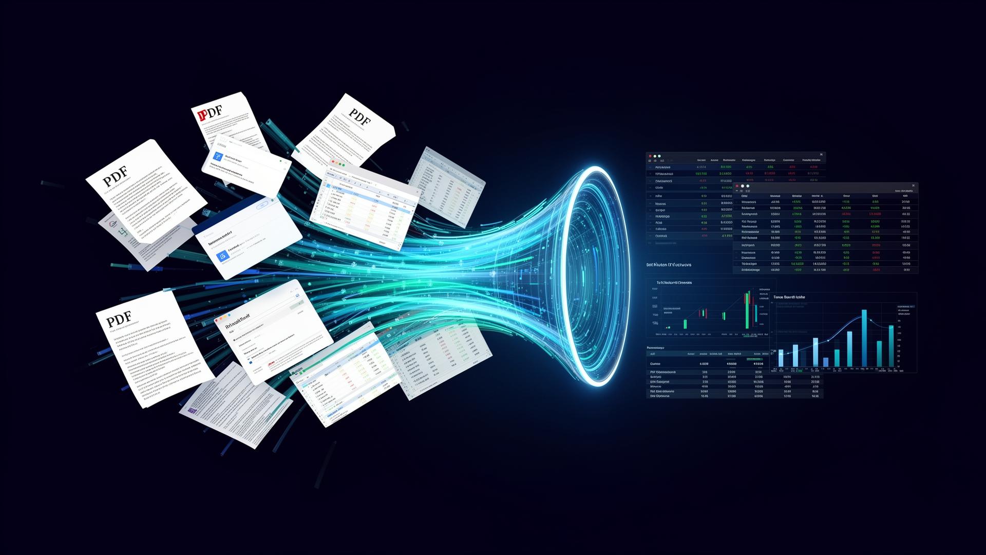 Scattered PDF documents and spreadsheets flowing through a digital funnel into structured data tables