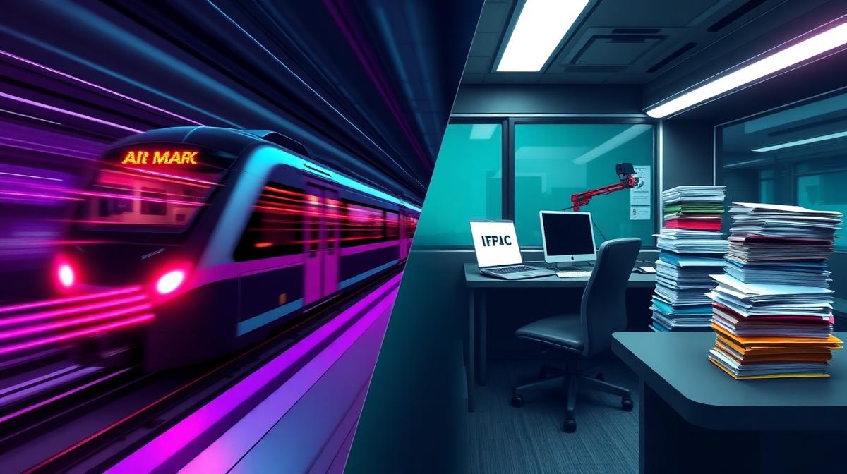 Split-screen showing fast-moving train representing AI adoption versus static office with spreadsheets.