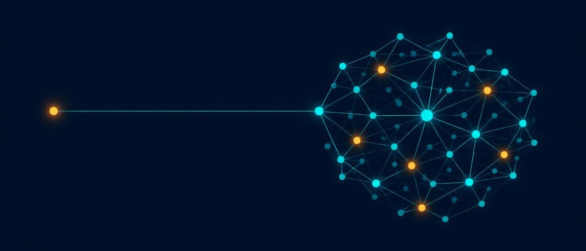 A single small amber node on the left connected by a glowing teal line to a larger lattice of teal nodes on the right, suggesting one document linking into a full set, on a dark navy field.