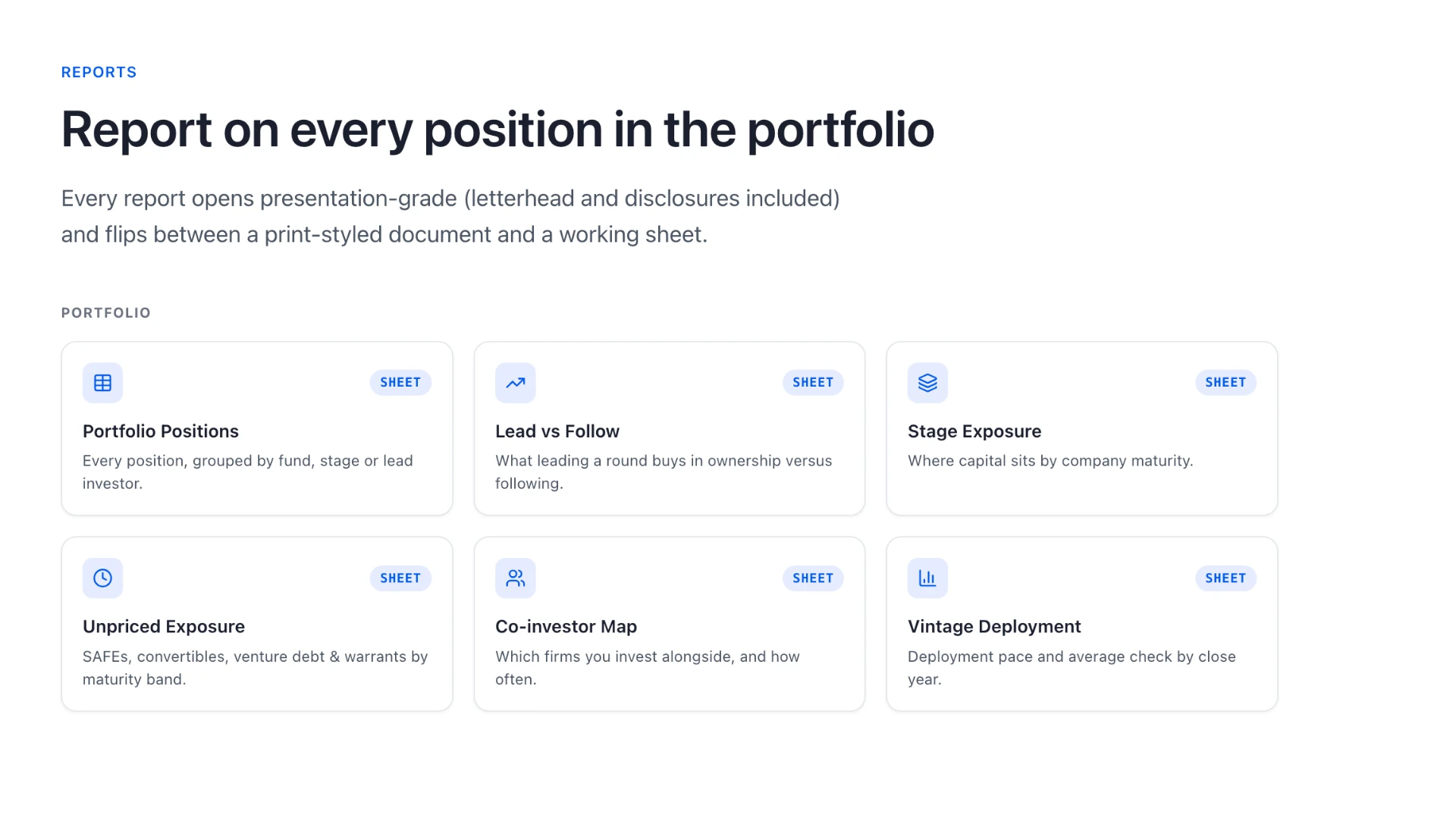 The report library: six report cards under the heading Report on every position in the portfolio